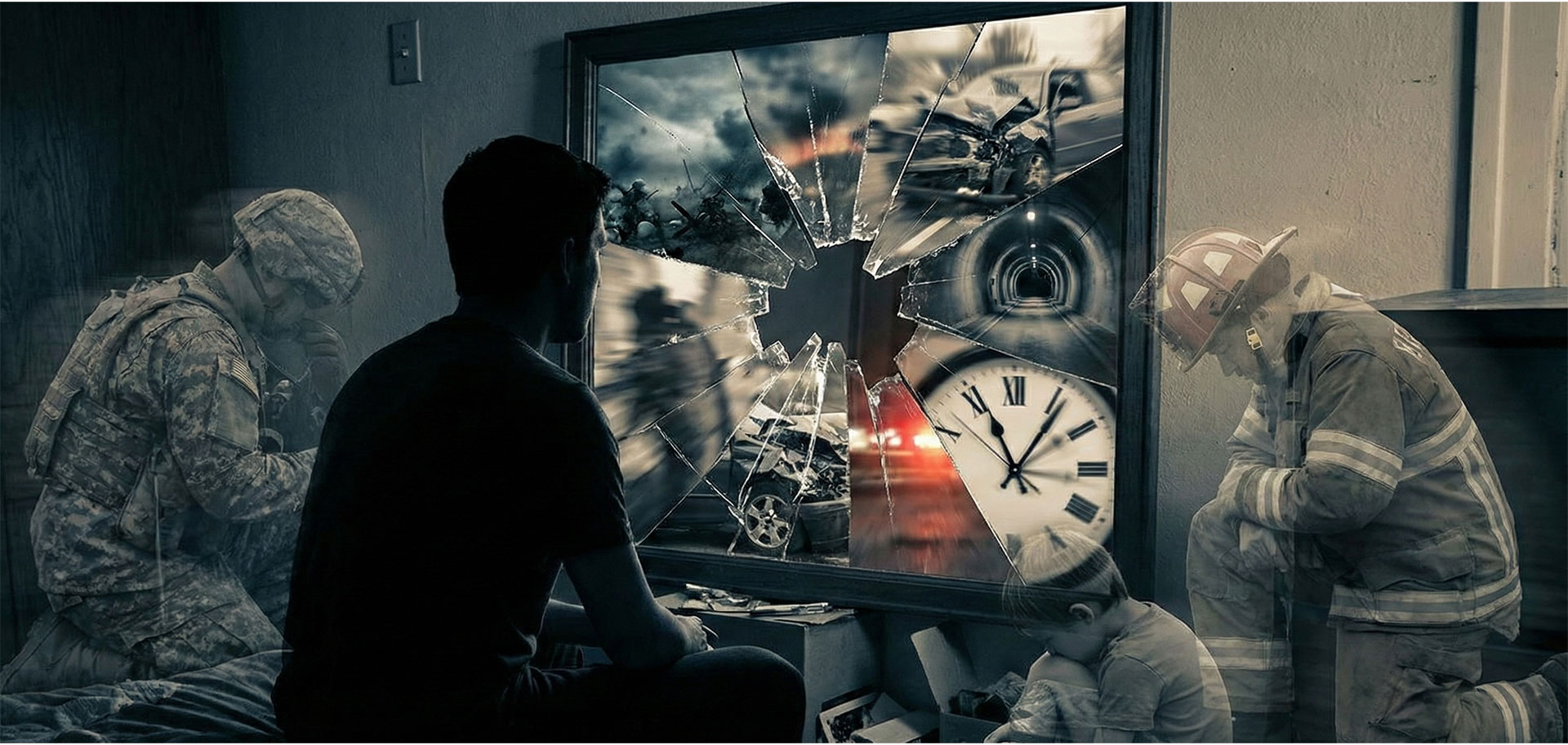 Person viewing shattered screen showing overlapping traumatic flashback images of combat, accidents, and emergency scenes representing PTSD re-experiencing symptoms