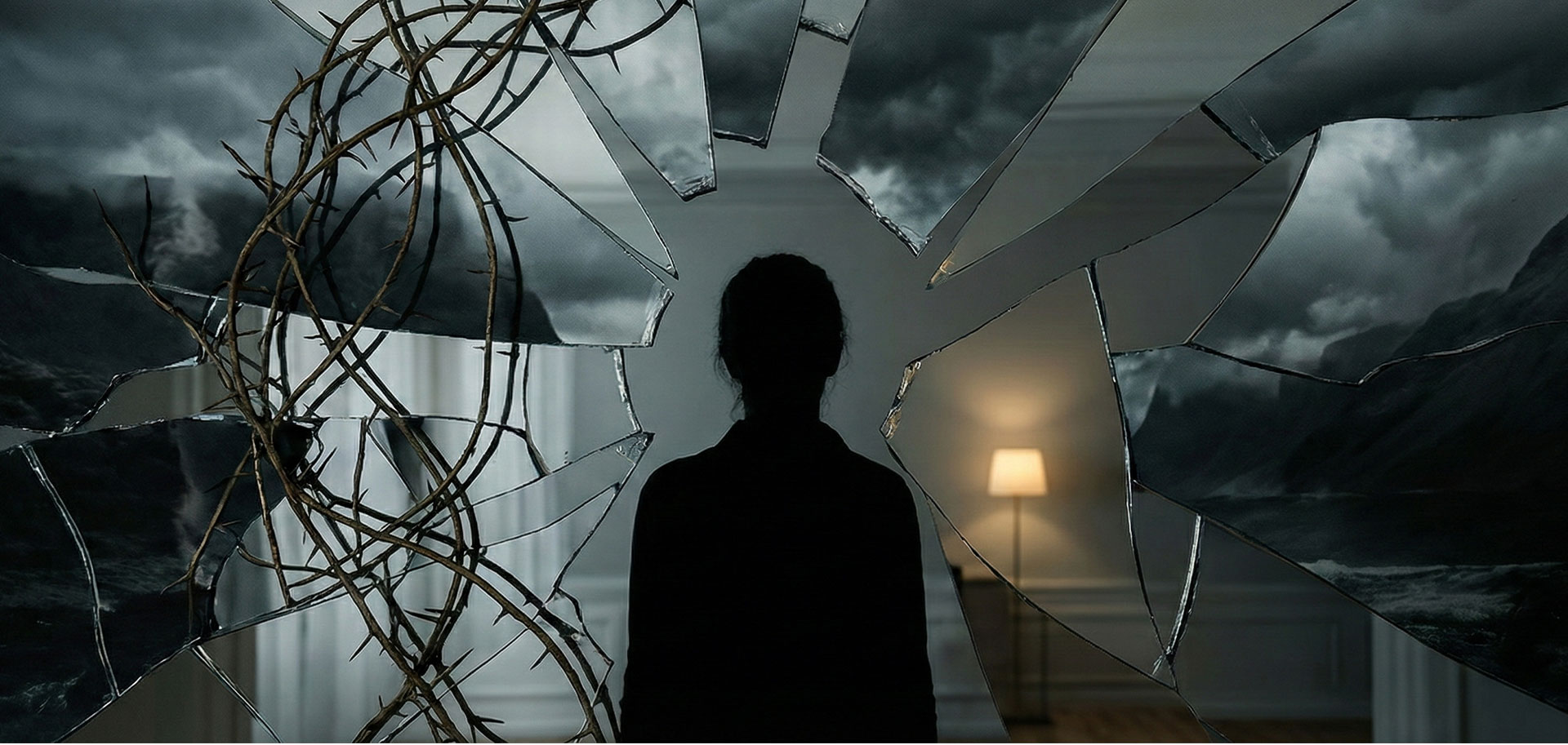 Silhouette of person facing shattered mirror with barbed wire symbolizing fragmented PTSD trauma memories and path to healing